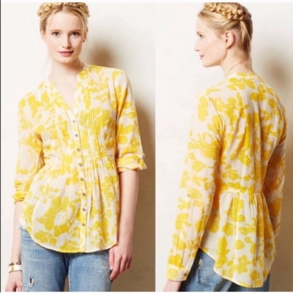 Anthropologie Maeve Yellow Floral Pintucked Peplum